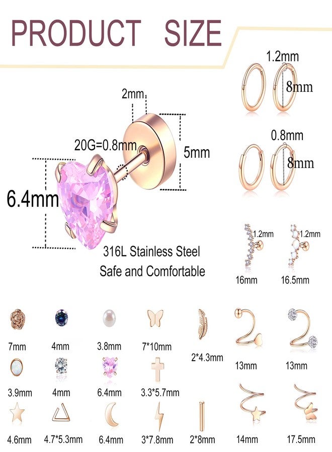 Staligue Stainless Steel Earrings,Staligue 19 Pairs Flat Back Earrings and Cartilage Hoop Earrings for Women Hypoallergenic Flat Back Stud Earrings Heart Opal Star Moon 20g Tiny Screw Back Cartilage Earring - Image 2